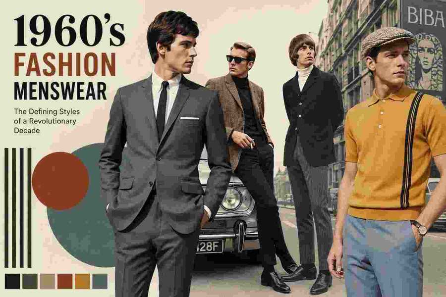 1960s fashion menswear featuring vintage suits, mod styles, knit polo shirts, and classic tailoring