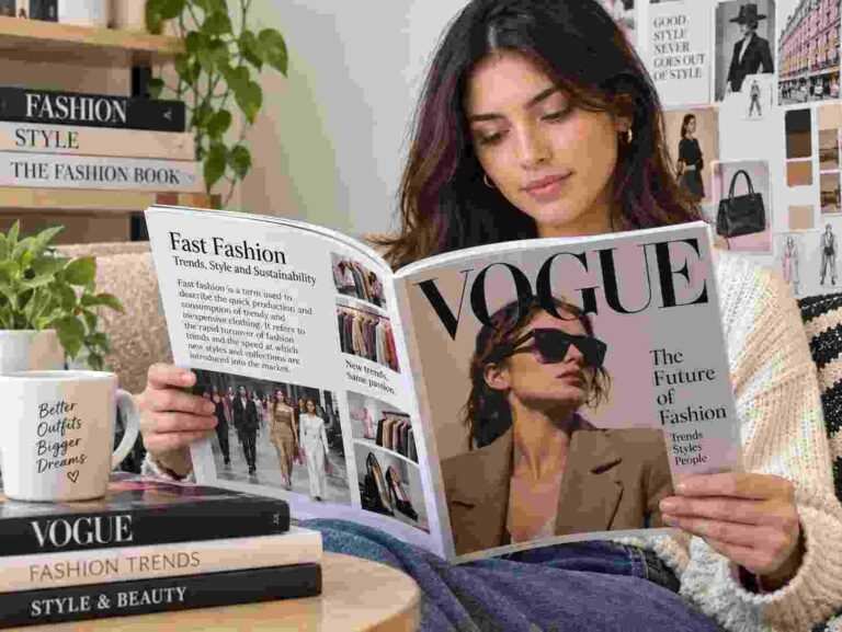 Young woman reading a fashion magazine about fast fashion and style