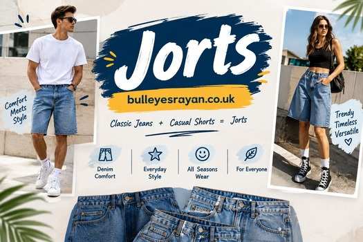 Jorts denim shorts fashion for men and women in casual street style.