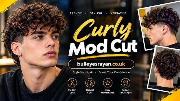 Curly Mod Cut hairstyle with natural curls and tapered sides